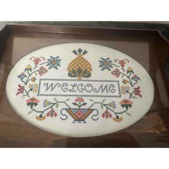 Vintage Welcome Tray Cross Stitch Floral‎ Pineapple Accent Decor Serving - Picture 3 of 4